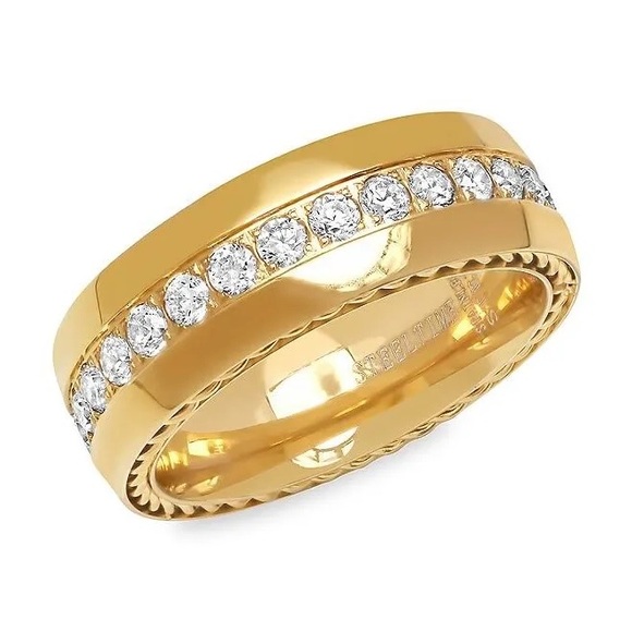 Anthony Jacobs Men's 18K Goldplated Stainless Steel Simulated Diamond Inlay Ring - Picture 2 of 5